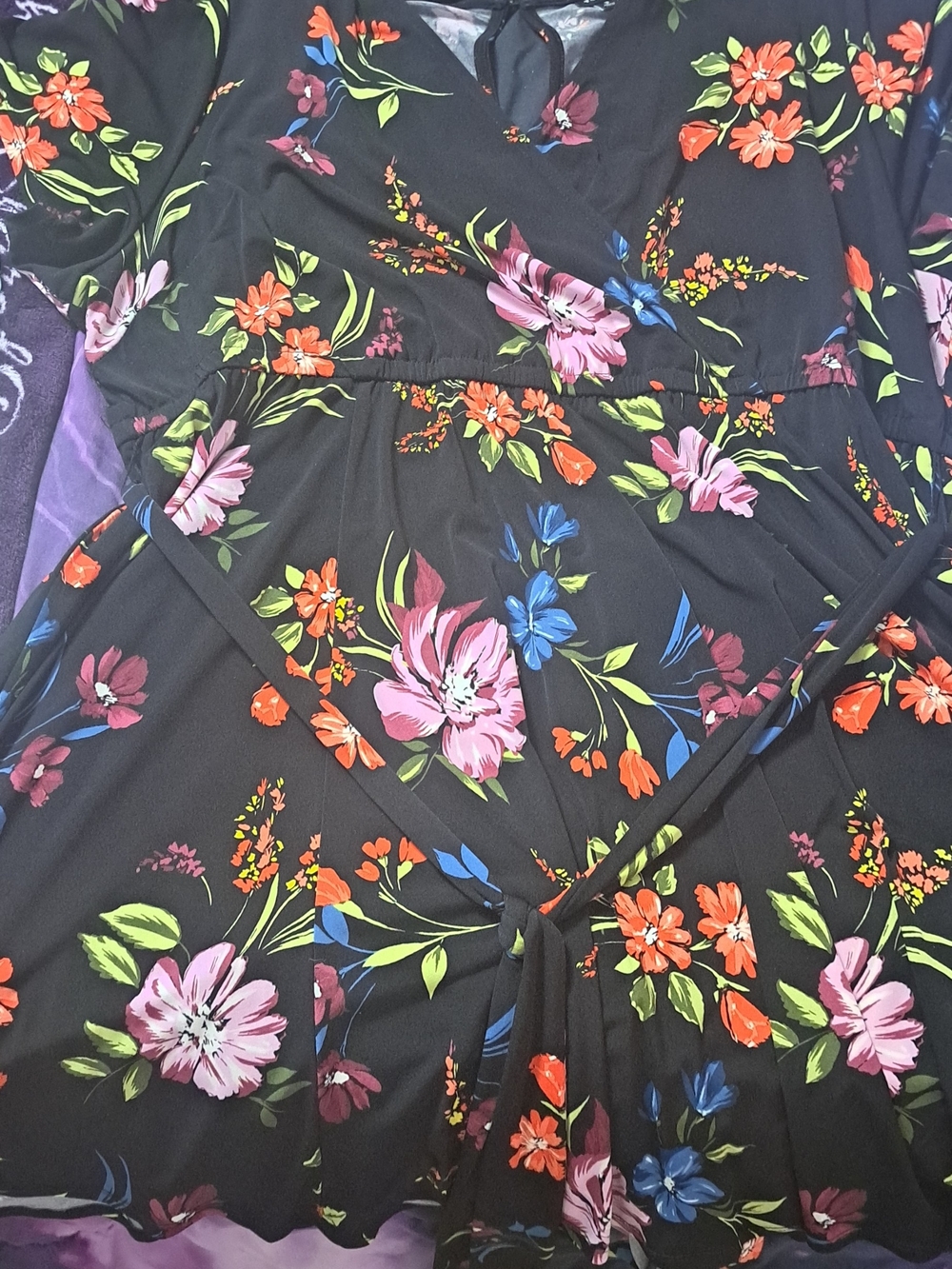 torrid Black Floral Wrap Dress with Pink, Orange & Blue Blooms
